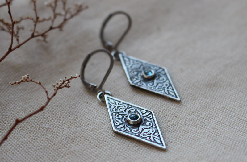 Belladonna, Renaissance floral earrings in silver and blue zircon