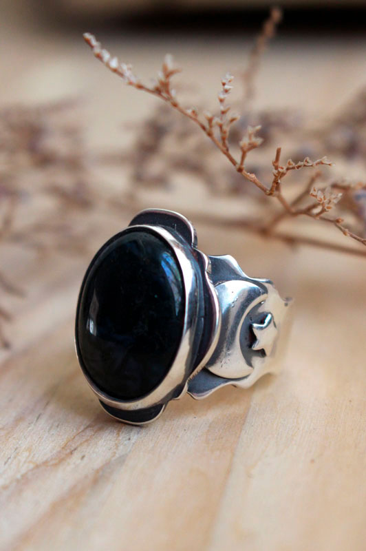 Between the stars and the moon, astronomical ring in silver and moss agate