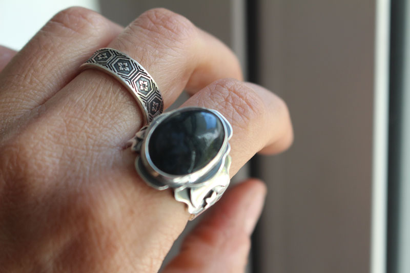 Between the stars and the moon, astronomical ring in silver and moss agate