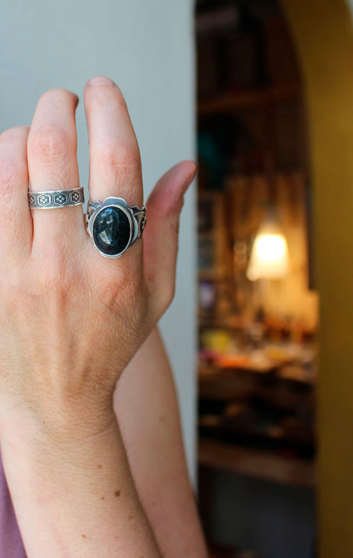 Between the stars and the moon, astronomical ring in silver and moss agate