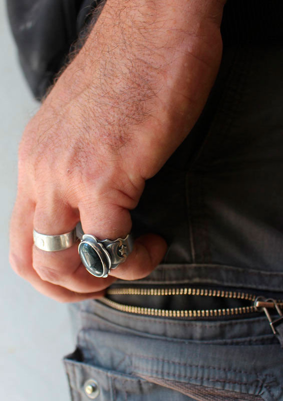 Between the stars and the moon, astronomical ring in silver and moss agate