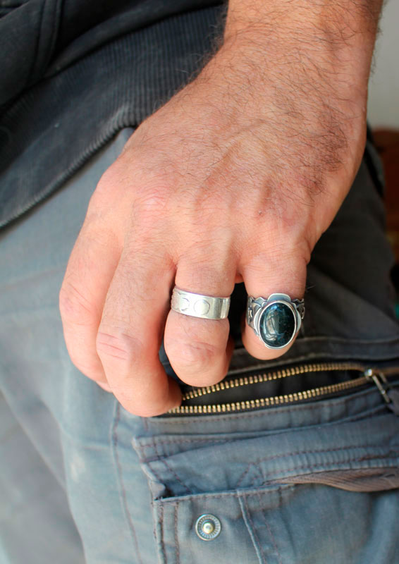 Between the stars and the moon, astronomical ring in silver and moss agate