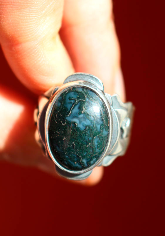 Between the stars and the moon, astronomical ring in silver and moss agate