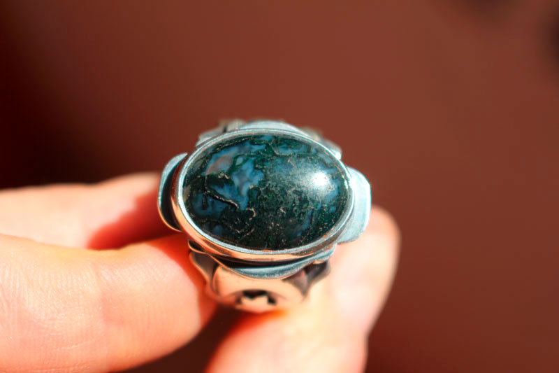 Between the stars and the moon, astronomical ring in silver and moss agate