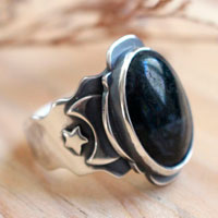 Between the stars and the moon, astronomical ring in silver and moss agate