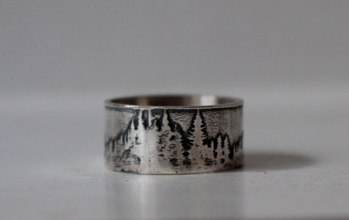 Beyond the peaks, mountain and forest ring in sterling silver