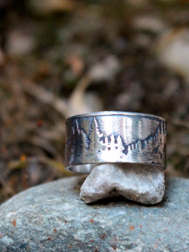 Beyond the peaks, mountain and forest ring in sterling silver