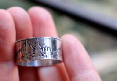 Beyond the peaks, mountain and forest ring in sterling silver