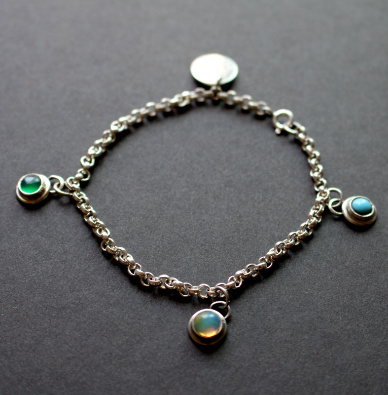 Birthstones, family bracelet in sterling silver, opal, turquoise and onyx