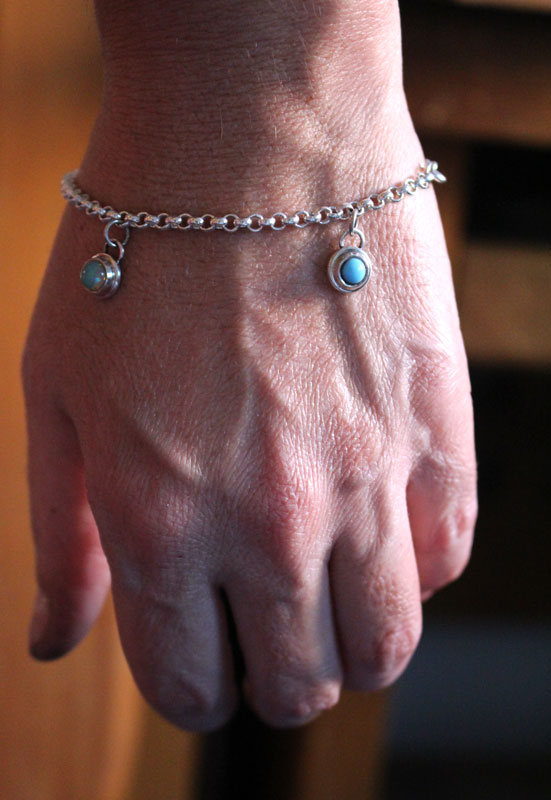 Birthstones, family bracelet in sterling silver, opal, turquoise and onyx