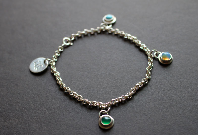 Birthstones, family bracelet in sterling silver, opal, turquoise and onyx