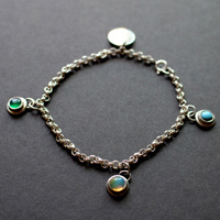 Birthstones, family bracelet in sterling silver, opal, turquoise and onyx