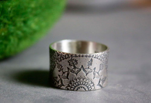 Blessed, forest mandala ring in sterling silver
