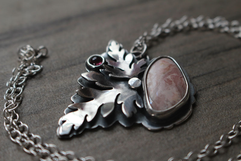 Blossoming, botanical necklace in silver, tourmaline and rhodochrosite