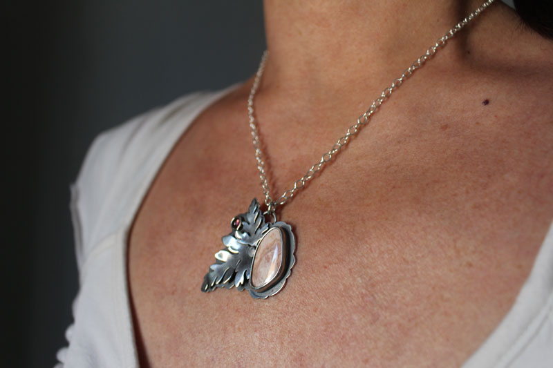 Blossoming, botanical necklace in silver, tourmaline and rhodochrosite