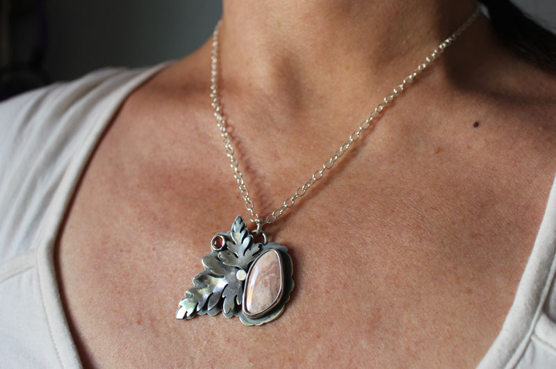 Blossoming, botanical necklace in silver, tourmaline and rhodochrosite