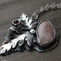 Blossoming, botanical necklace in silver, tourmaline and rhodochrosite