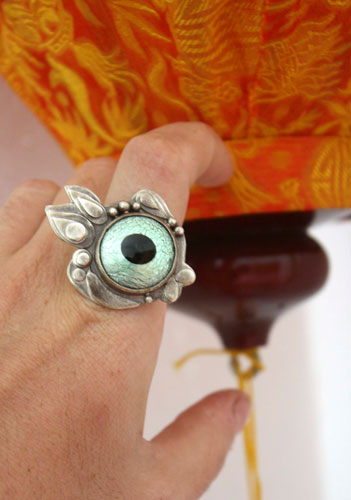 Blowfish, fugu fish ring in silver and glass