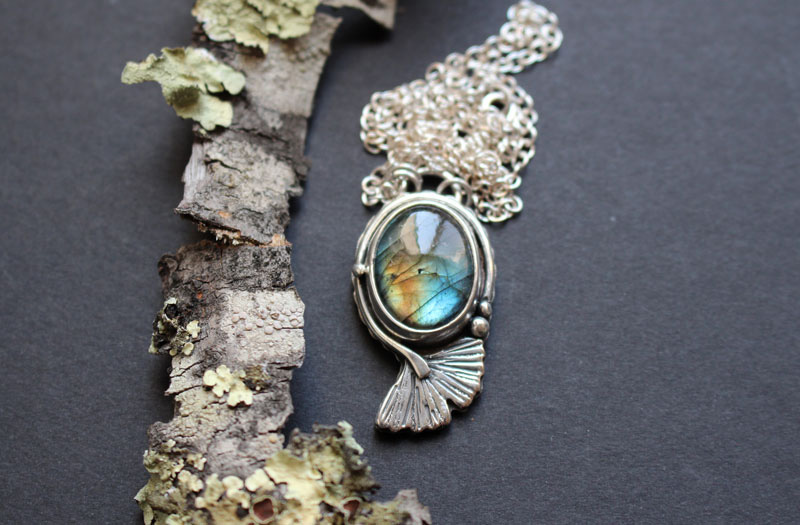 Blue ginkgo, sky leaf necklace in silver and labradorite