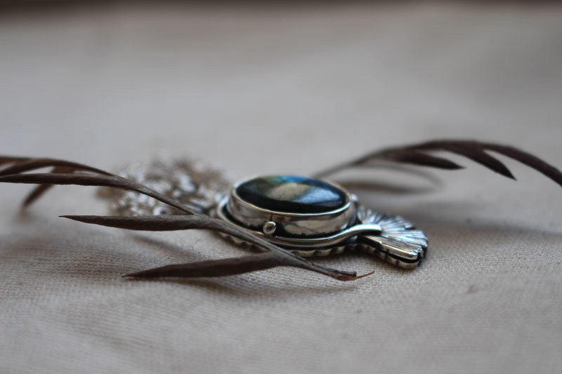 Blue ginkgo, sky leaf necklace in silver and labradorite