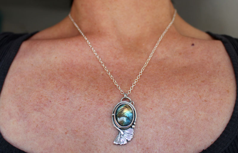 Blue ginkgo, sky leaf necklace in silver and labradorite