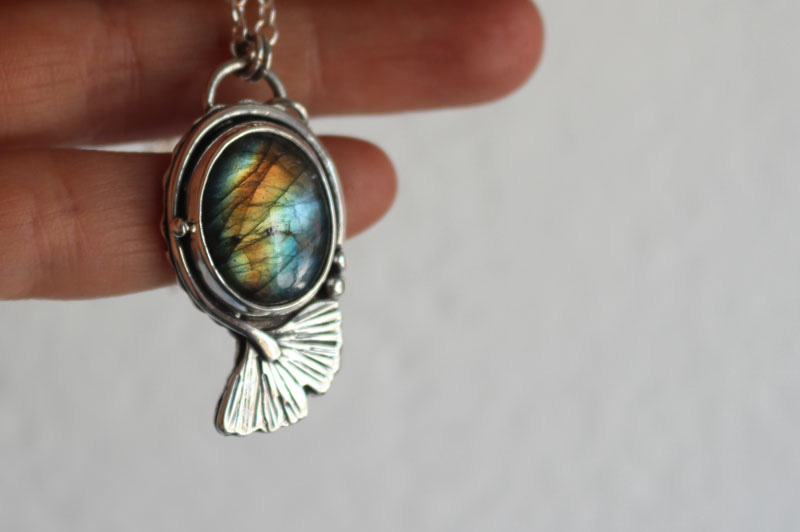 Blue ginkgo, sky leaf necklace in silver and labradorite