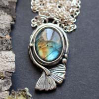 Blue ginkgo, sky leaf necklace in silver and labradorite