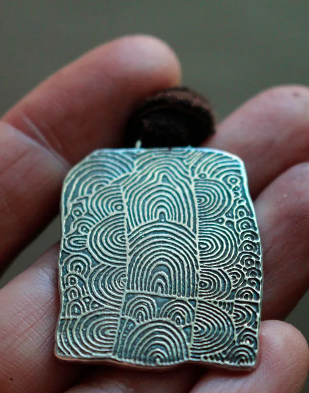 Cairn of Gavrinis, Neolithic engraved stone with spirals necklace in silver