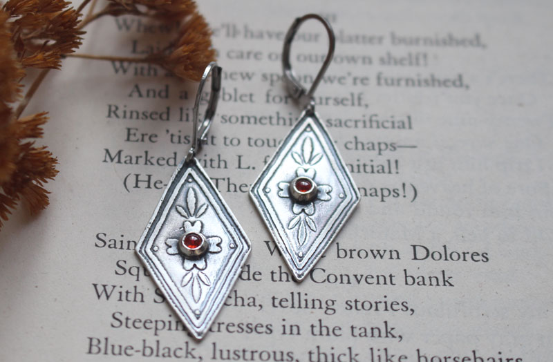 Calendula, baroque botanical earrings in silver and orange zircon