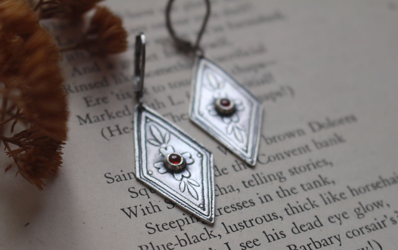 Calendula, baroque botanical earrings in silver and orange zircon