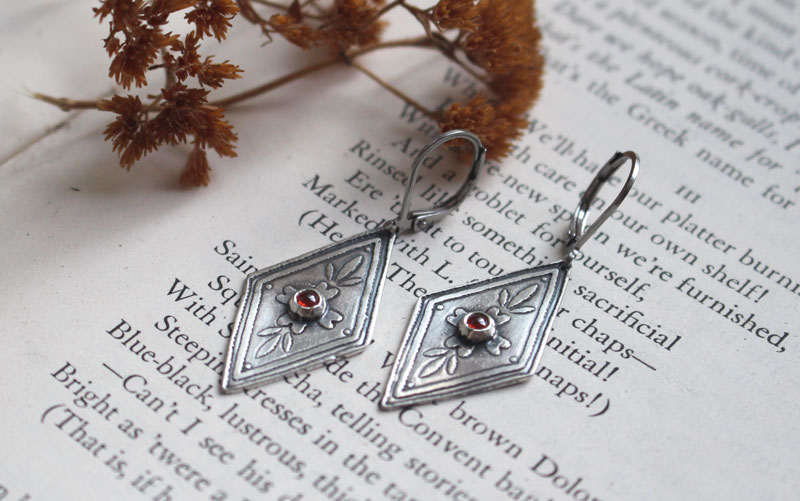 Calendula, baroque botanical earrings in silver and orange zircon