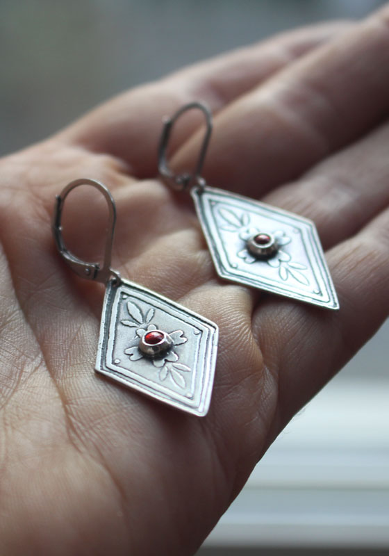 Calendula, baroque botanical earrings in silver and orange zircon