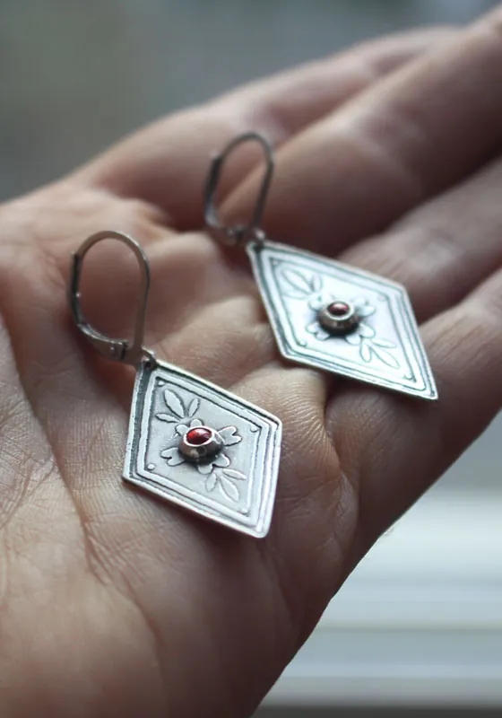 Calendula, baroque botanical earrings in silver and orange zircon