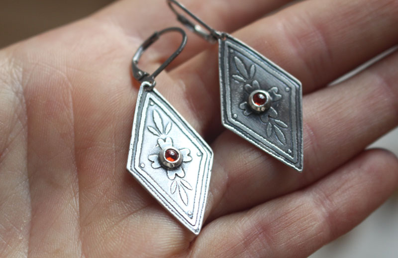 Calendula, baroque botanical earrings in silver and orange zircon