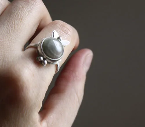 Calliope, Greek poetry ring in silver and ocean jasper