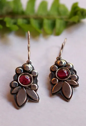 Camellia, red flower earrings in sterling silver and garnet