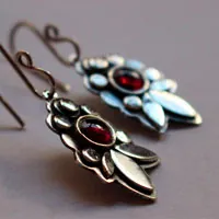 Camellia, red flower earrings in sterling silver and garnet