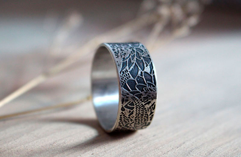 Carp in a lotus pond, Japanese koi ring in sterling silver