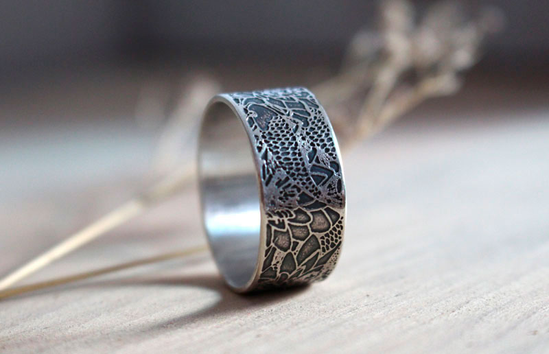 Carp in a lotus pond, Japanese koi ring in sterling silver