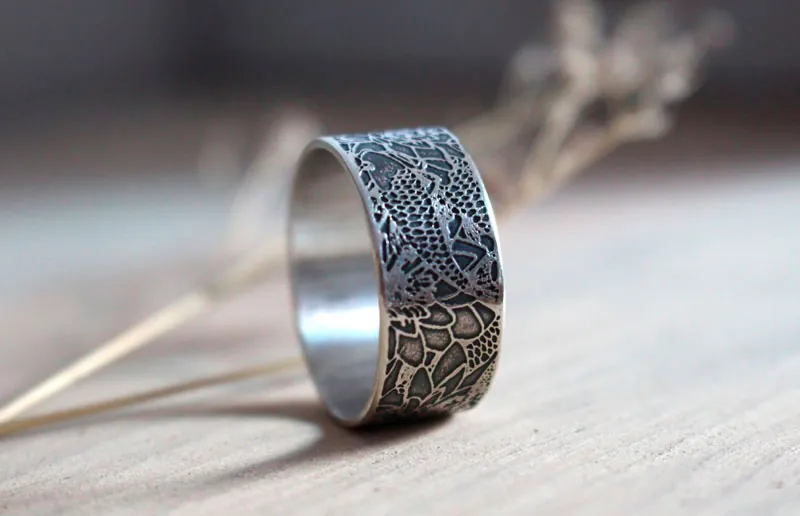 Carp in a lotus pond, Japanese koi ring in sterling silver