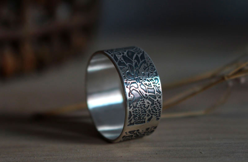 Carp in a lotus pond, Japanese koi ring in sterling silver