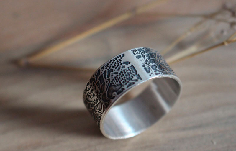 Carp in a lotus pond, Japanese koi ring in sterling silver