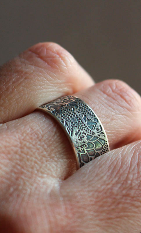 Carp in a lotus pond, Japanese koi ring in sterling silver