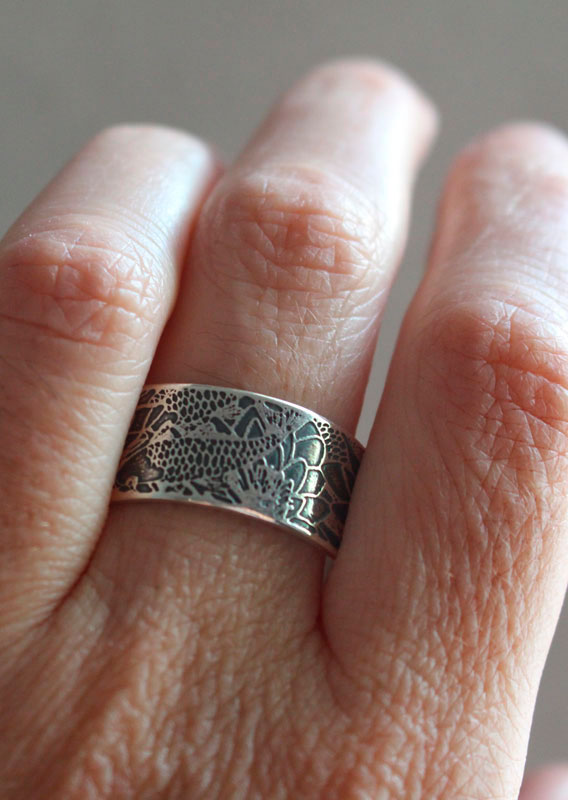 Carp in a lotus pond, Japanese koi ring in sterling silver