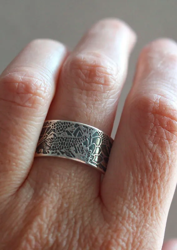 Carp in a lotus pond, Japanese koi ring in sterling silver