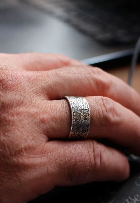 Carp in a lotus pond, Japanese koi ring in sterling silver