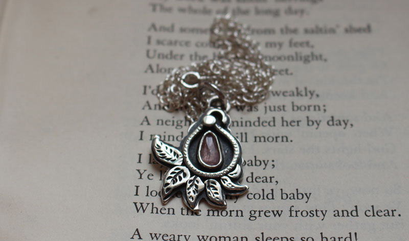 Cashmere leaf, botanical necklace in silver and pink sapphire