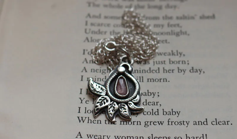 Cashmere leaf, botanical necklace in silver and pink sapphire