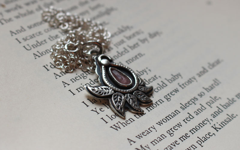 Cashmere leaf, botanical necklace in silver and pink sapphire