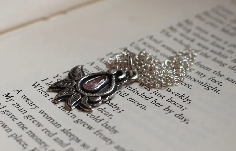 Cashmere leaf, botanical necklace in silver and pink sapphire